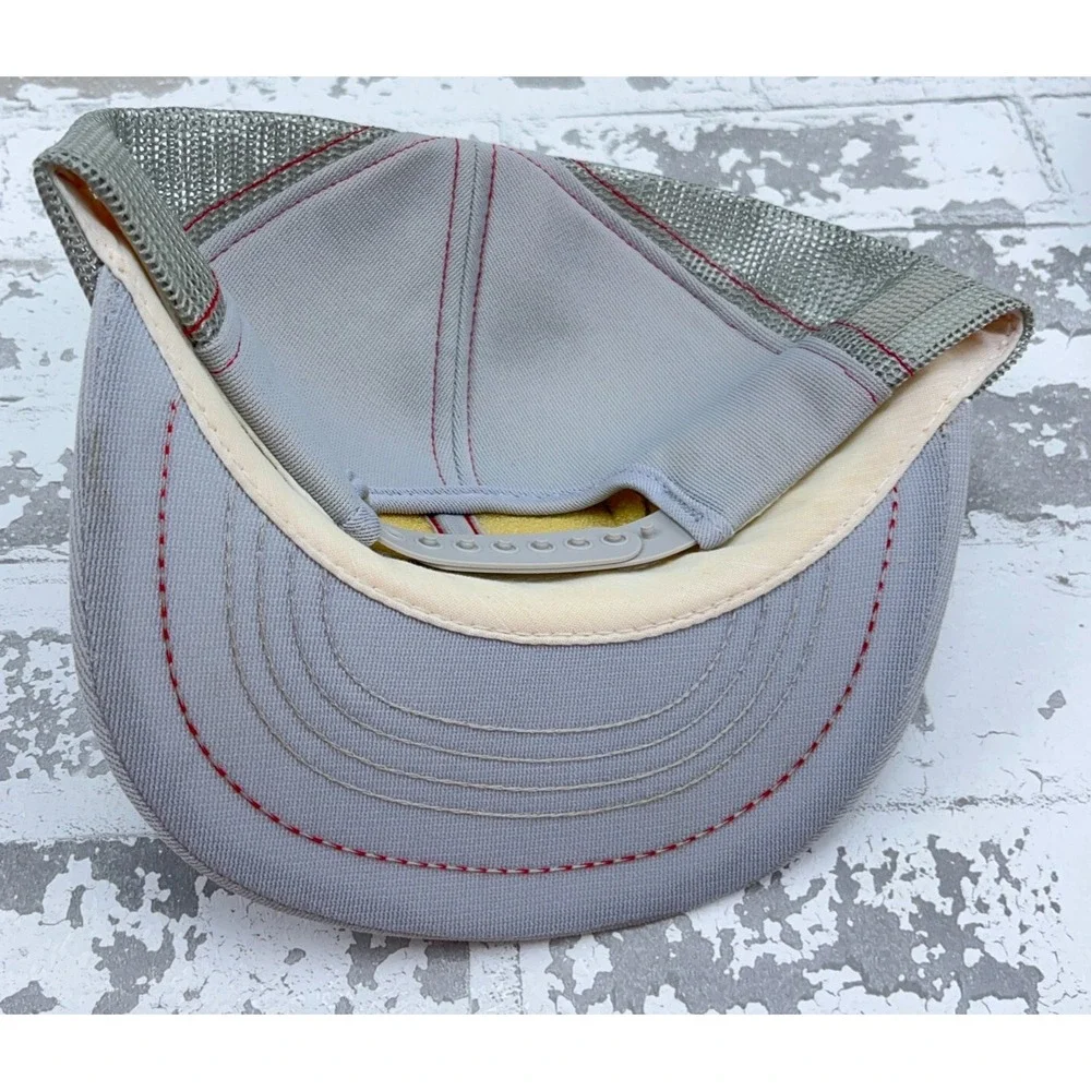 Vintage‎ Pierce Trucker Hat Cap Gray Red Stripe Patch 80s Made In USA Foods Snap